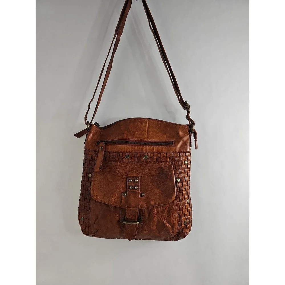 Harbour 2nd Tuula Woven Distressed Leather Crossbody Bag Purse Brown Cognac